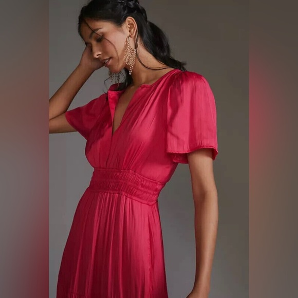 NWT Anthropologie Somerset Maxi Bright Pink Satiny Dress Sz M Pockets Flattering - Picture 9 of 14
